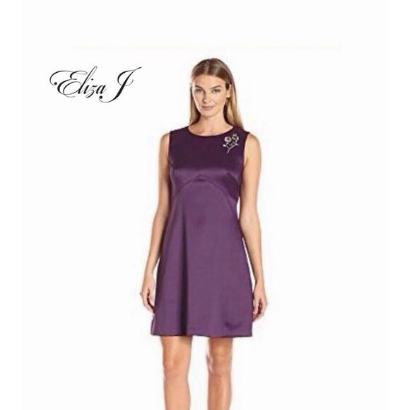 Eliza J Shift Dress Plum Rhinestone Floral Women’s Size 14 Knee Length Lined - Picture 1 of 13